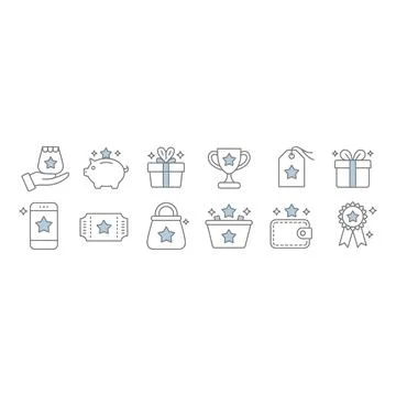 Set of twelve thin line featuring stars on various shopping and reward relate Stock-Illustration