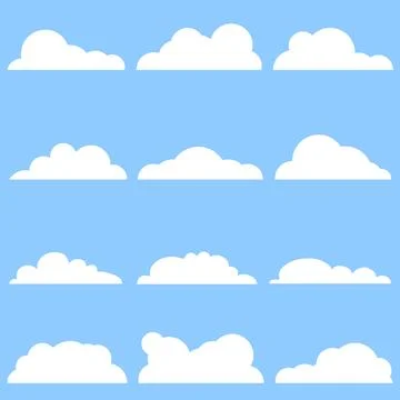 Set of twelve white cartoon clouds shapes on blue sky background vector flat Stockillustratie