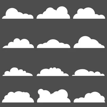 Set of twelve white cartoon clouds shapes on dark grey background vector Stockillustratie