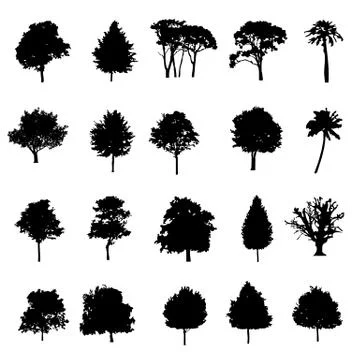 Set Of Twenty Black Vector Silhouettes Trees Stock Illustration