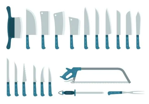 Set of twenty different knives, hatchets and saw, for cutting, grinding products Stock Illustration