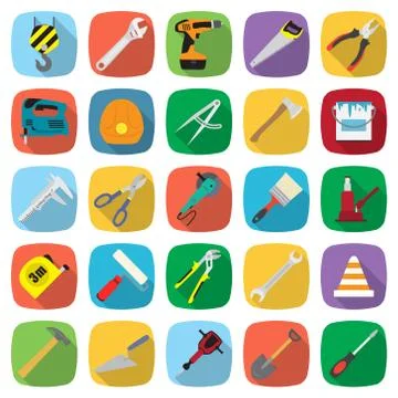 Set of twenty five colored flat style tools icons with oblique s Stock Illustration