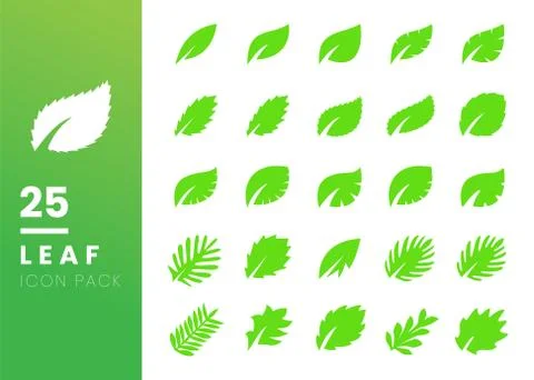 Set of twenty five green leaf vector icon isolated on white background. Vario Stock Illustration