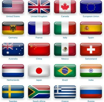 Set of twenty flags in button style. Popular countries. Stock Illustration