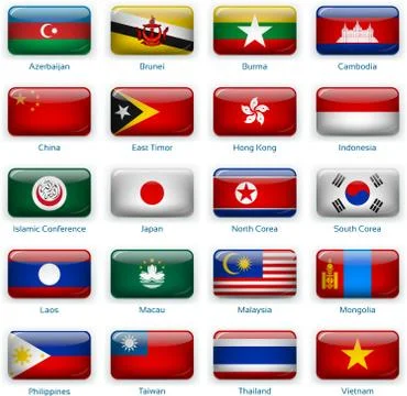 Set of twenty flags in button style. Eastern Asia Stock Illustration