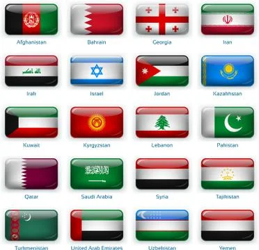 Set of twenty flags in button style. Western Asia. Stock Illustration