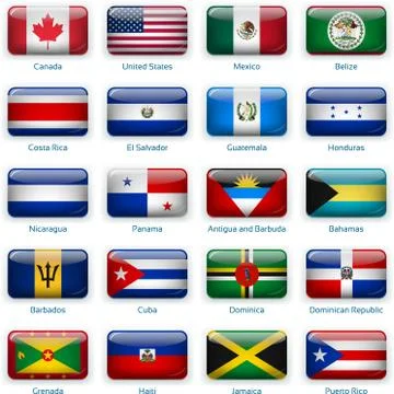 Set of twenty flags in button style. America one of two. Stock Illustration