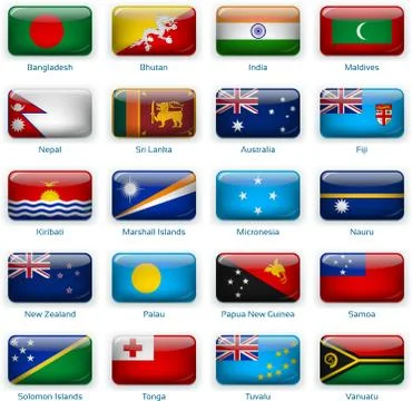Set of twenty flags in button style. South Asia and Oceania. Stock Illustration