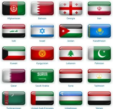 Set of twenty flags in button style. Western Asia. Stock Illustration