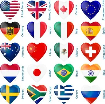 Set of twenty flags in heart shape. Popular countries. Stock Illustration