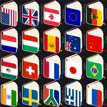 Set of twenty flags in shape of open book. Popular countries. Stock Illustration