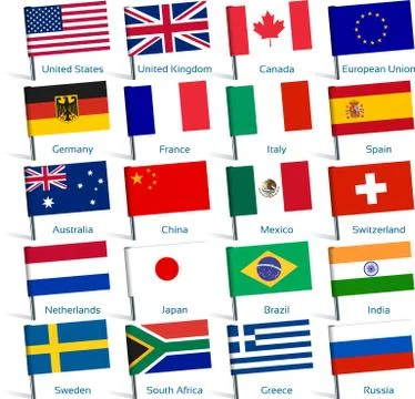 Set of twenty flags in shape of pins. Popular countries. Stock Illustration