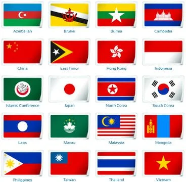 Set of twenty flags in sticker style. Eastern Asia Stock Illustration