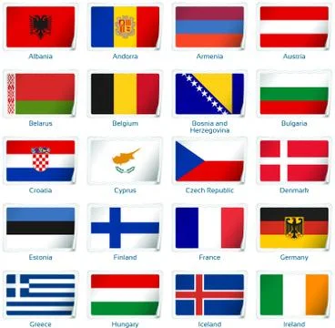 Set of twenty flags in sticker style. Europe one of three. Stock Illustration