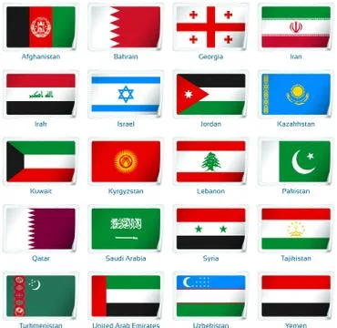 Set of twenty flags in sticker style. Western Asia. Stock Illustration