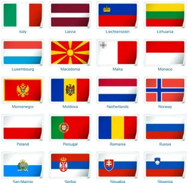 Set of twenty flags in sticker style. Europe two of three. Stock Illustration