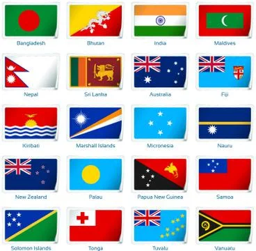 Set of twenty flags in sticker style. South Asia and Oceania Stock Illustration