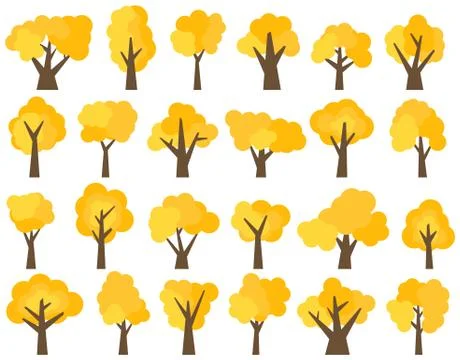 Set of twenty four different cartoon yellow trees isolated on white background Illustrazione stock