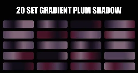Set of twenty gradient plum shadow color swatches and palettes featuring dark Stock Illustration