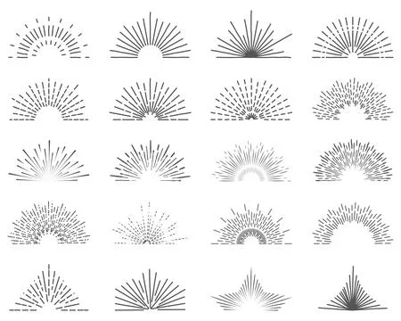 Set of twenty line light rays. Sun bursts for vintage style logos. 20 compl.. Stock Illustration