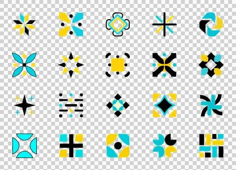 Set of twenty modern geometric abstract icons in yellow and cyan colors Stock Illustration