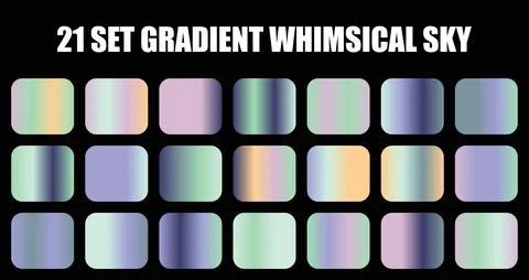 A set of twenty one gradient whimsical sky color palettes with soft pastel hues Stock Illustration