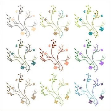 Set of twigs and leaves of multicolored. Thin blades of grass and leaves. Stock Illustration