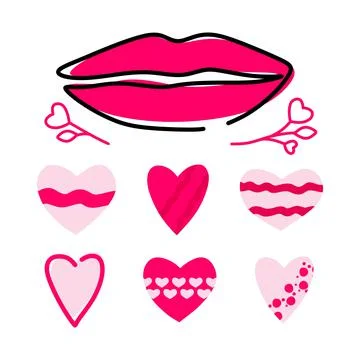 A set of twigs, lips, hearts in different styles. For websites, sketches, apps Stock Illustration