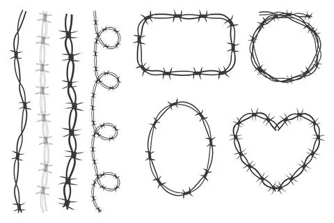 Set twisted Barbed wire frames y2k, borders tattoo, gothic textured steel frame Stock Illustration