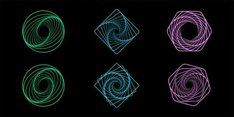 Set of twisted futuristic spirals. Collection of wavy fractals. Abstract wi.. Stock Illustration