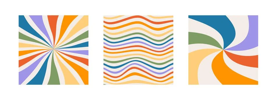 Set of twisted gingham checkerboard, sun ray and wave background in rainbow colo Stock Illustration