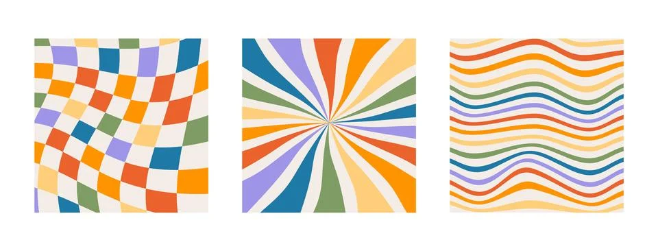 Set of twisted gingham checkerboard, sun rays and waves background in rainbow co Stock Illustration
