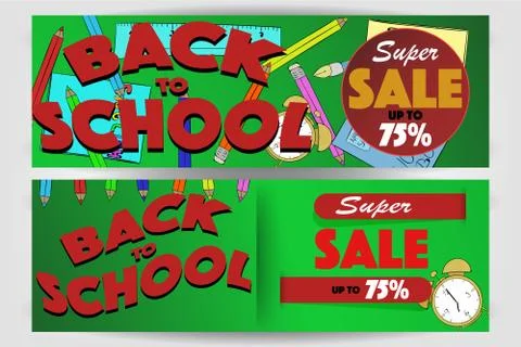 Set of two back to school banners with super sale sign up to 75%. Stock Illustration