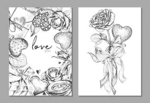 Set of two banners with floral frame and bouquet. Template for Valentine Day Stock Illustration