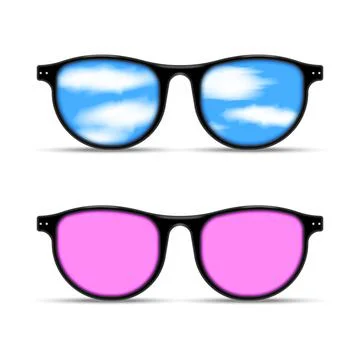Set of two black realistic sunglasses with sky clouds reflection and pink l.. Stock Illustration
