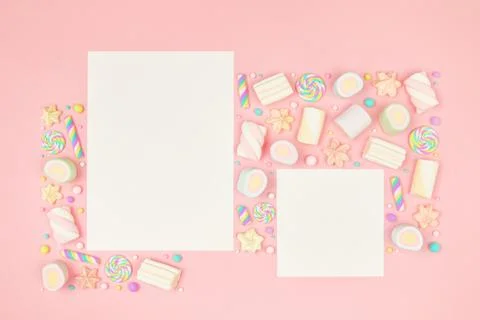 Set of two blank white cards on pink kawaii background with sweets Stock Photos