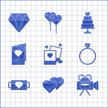 Set Two blanks photo frames and hearts, Linked Hearts, Cinema camera, Diamond Stock Illustration