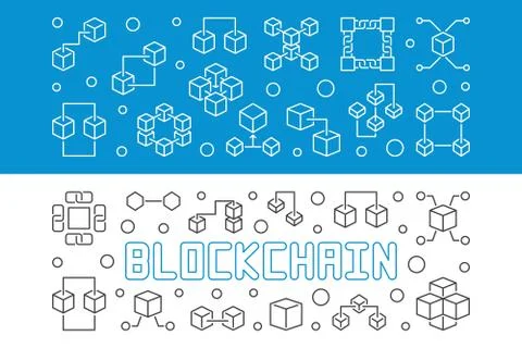 Set of two Blockchain crypto vector line horizontal banners 库存插图