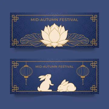 Set of two blue Mid Autumn Festival banners with lotus flower, rabbits and .. Stock Illustration