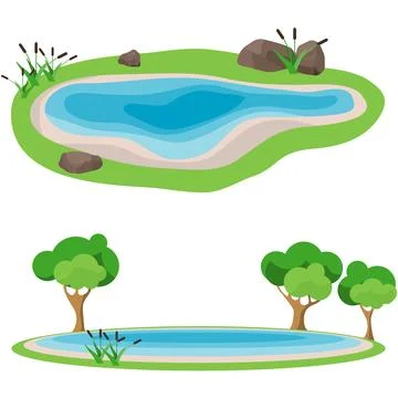 Set of two cartoon vector lakes with green grass stones reeds and trees Stockillustratie