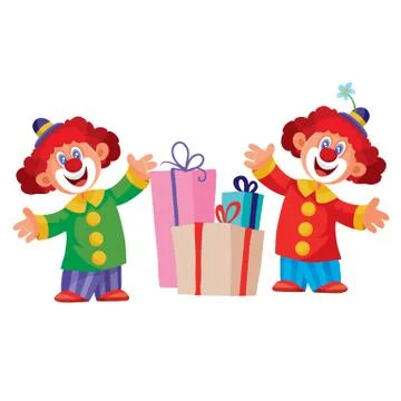 Set of two clowns and boxes with gifts, isolated object on a white background Stock Illustration