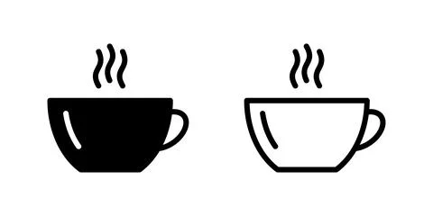 Set of two coffee cup icons with steam in solid black and outline style Stock Illustration