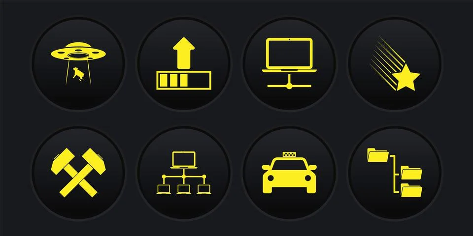 Set Two crossed hammers, Falling star, Computer network, Taxi car, and Loading Stock Illustration