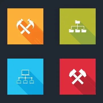 Set Two crossed hammers, Folder tree, Computer network and  icon. Vector Stock Illustration