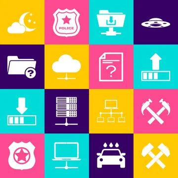 Set Two crossed hammers, , Loading, FTP folder download, Network cloud Stock Illustration