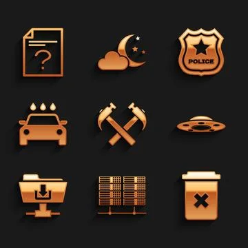 Set Two crossed hammers, Server, Data, Web Hosting, Trash can, UFO flying Stock Illustration