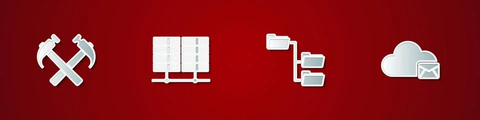 Set Two crossed hammers, Server, Data, Web Hosting, Folder tree and Cloud mai Illustrazione stock