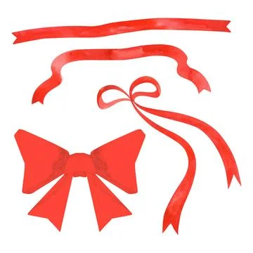 Set of two curved ribbons and two bows. Isolated watercolor illustration for a Stock Illustration