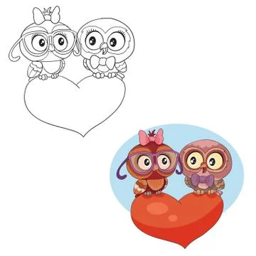 Set of two cute owls sitting on a big red heart in color and in the outline and Stock Illustration