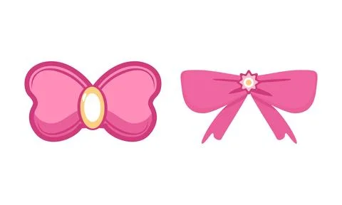 Set of Two Cute Pink Ribbon Bows with Jewel and Flower Details for Feminine.. Stock Illustration